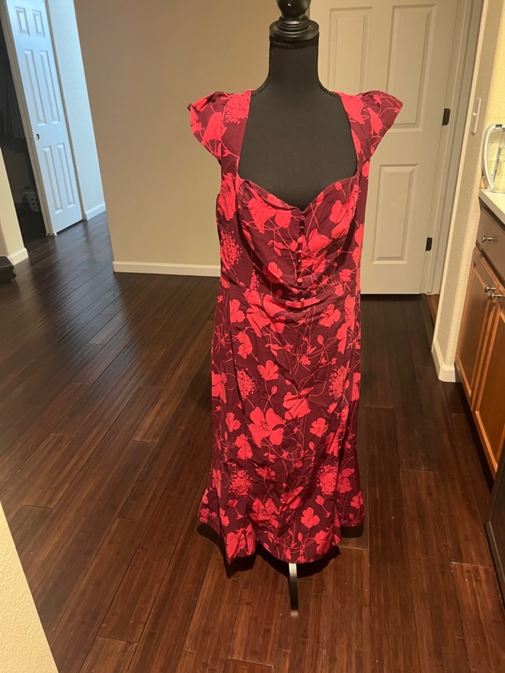 Anthropologie Burgundy and Pink Floral Midi Dress